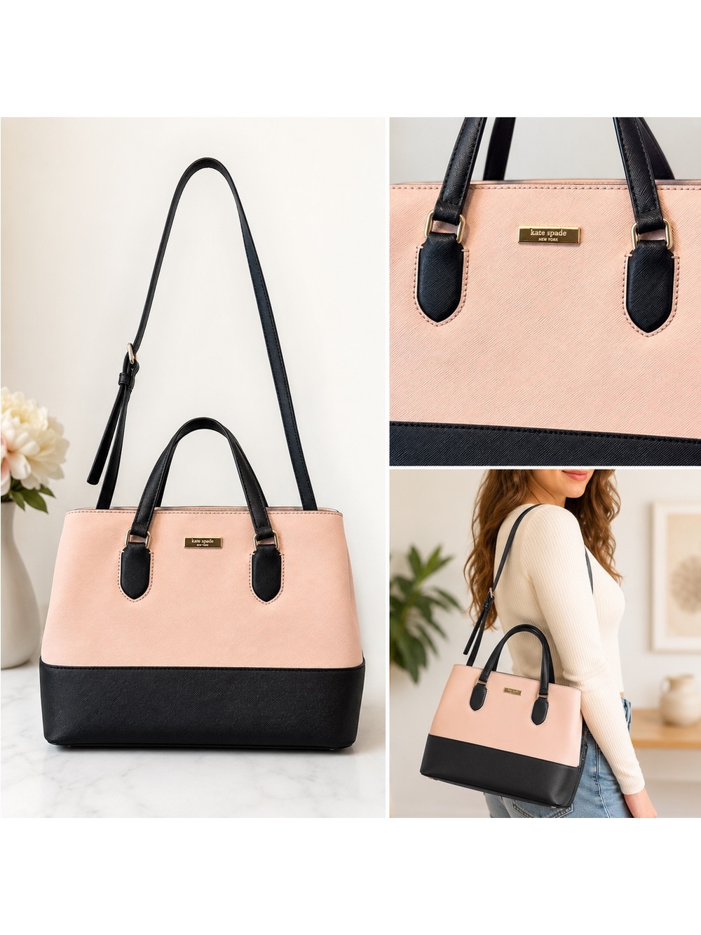 kate spade Pink and Black Colorblock Saffiano Leather Satchel Bag
